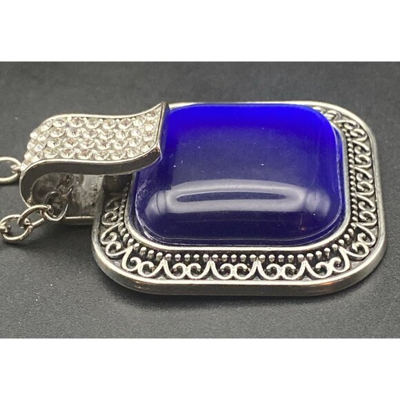 Royal Blue Cat's Eye Pendant Iced Out CZ Hip Hop Silver Tone Chain Cable 34+2" - Picture 5 of 6